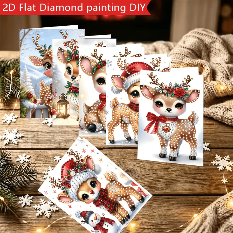 TEMU New 6pcs Set 2d Flat Diamond Painting Greeting Cards, Unique Creative Christmas Reindeer Cards, Design. Sparkly Diamond Painting Card Handmade