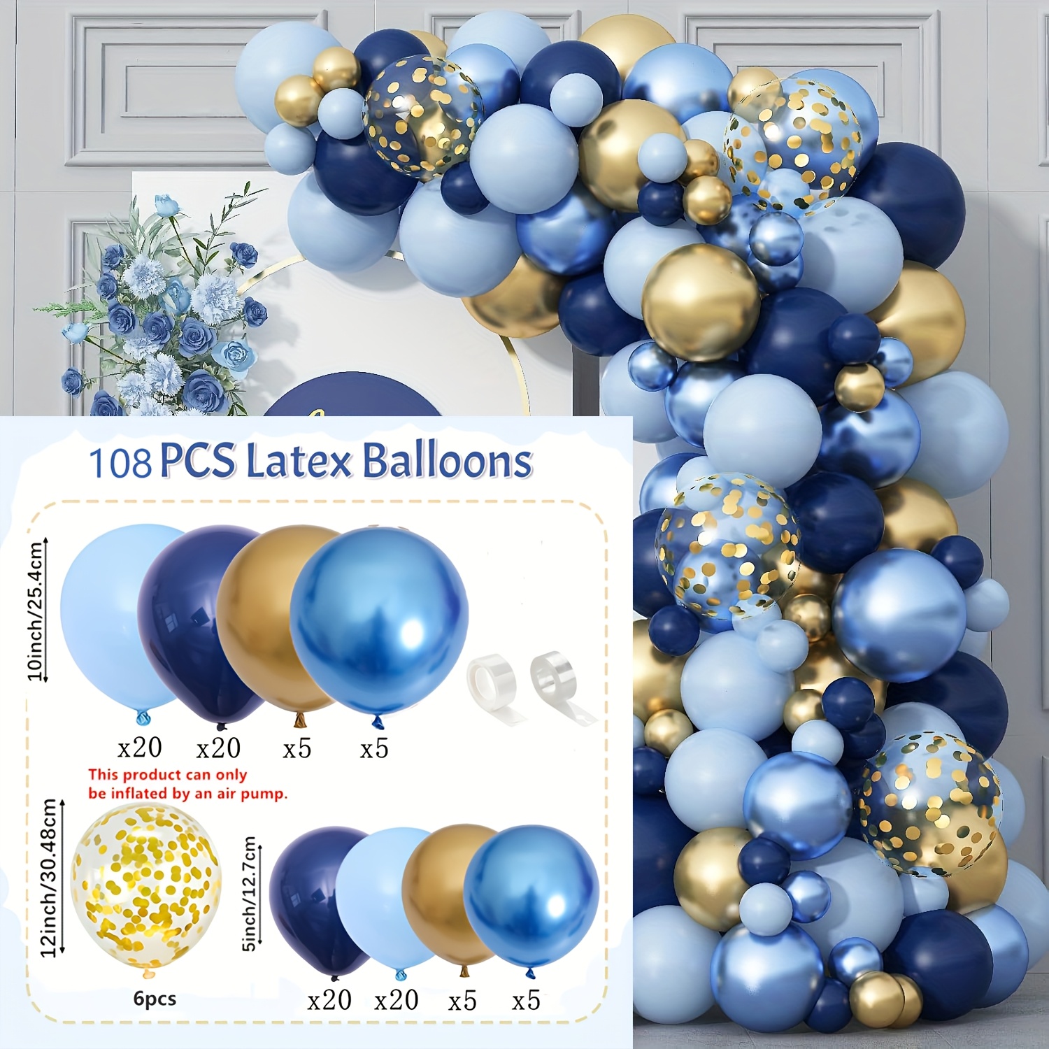 108pcs Navy Blue Light Blue Metallic Balloon Arch Kit, Macaron Blue Golden Confetti Balloon For Birthday Wedding Graduation Shower Party Decorations For Christmas, Halloween