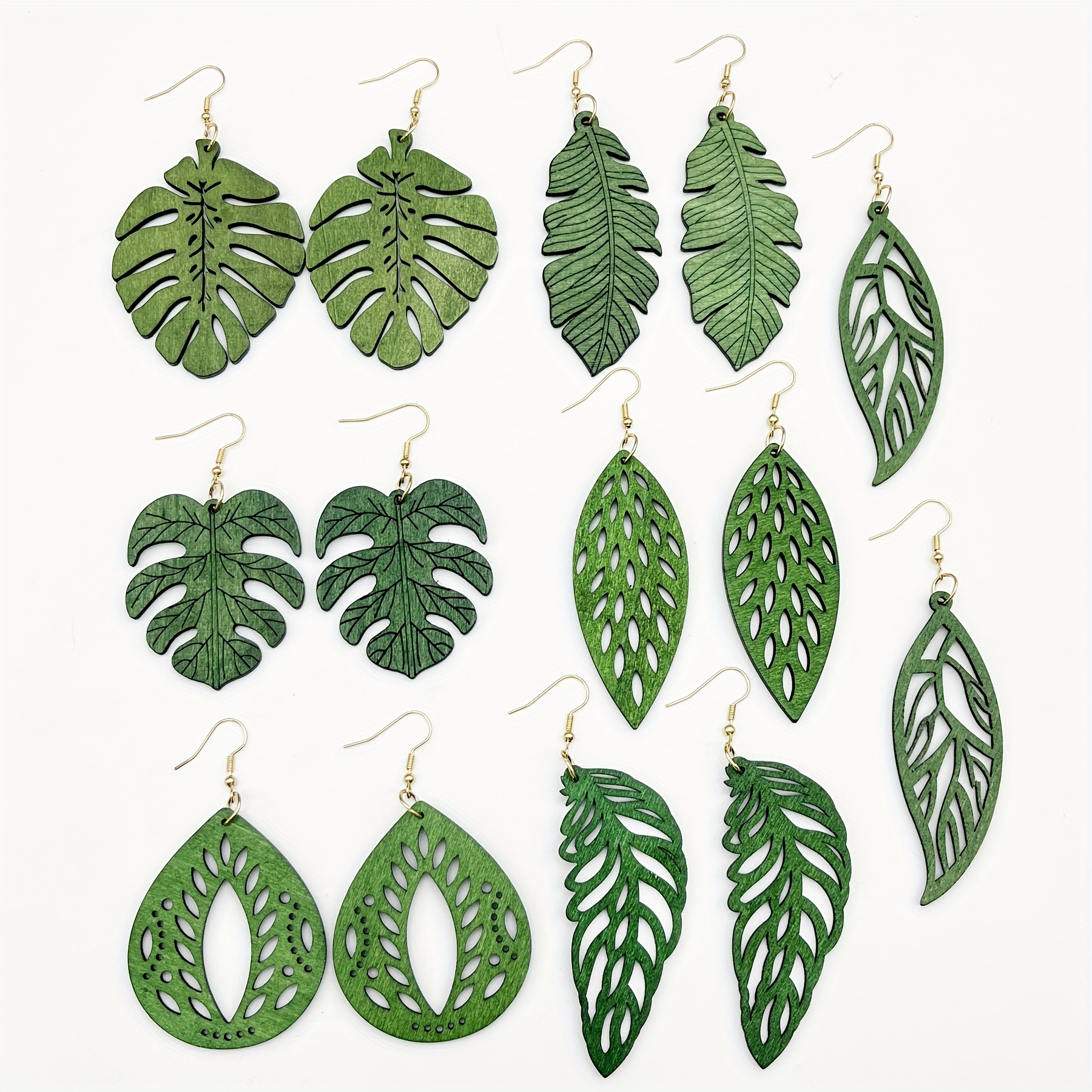 Image of 7-pair Suitable For Bohemian Wood Earrings - Carved Dangle Earrings With Wood, Women's For Boho Wedding, Vacation & Casual Attire (7-pair Bundle)