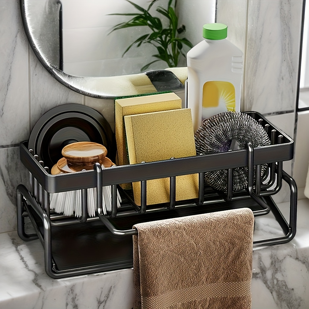 carbon steel sink organizer rack with integrated sponge tray and cloth bar space saving countertop caddy for dish soap sponges brushes and towels durable rust resistant design for kitchen bathroom small spaces apartments and rv storage