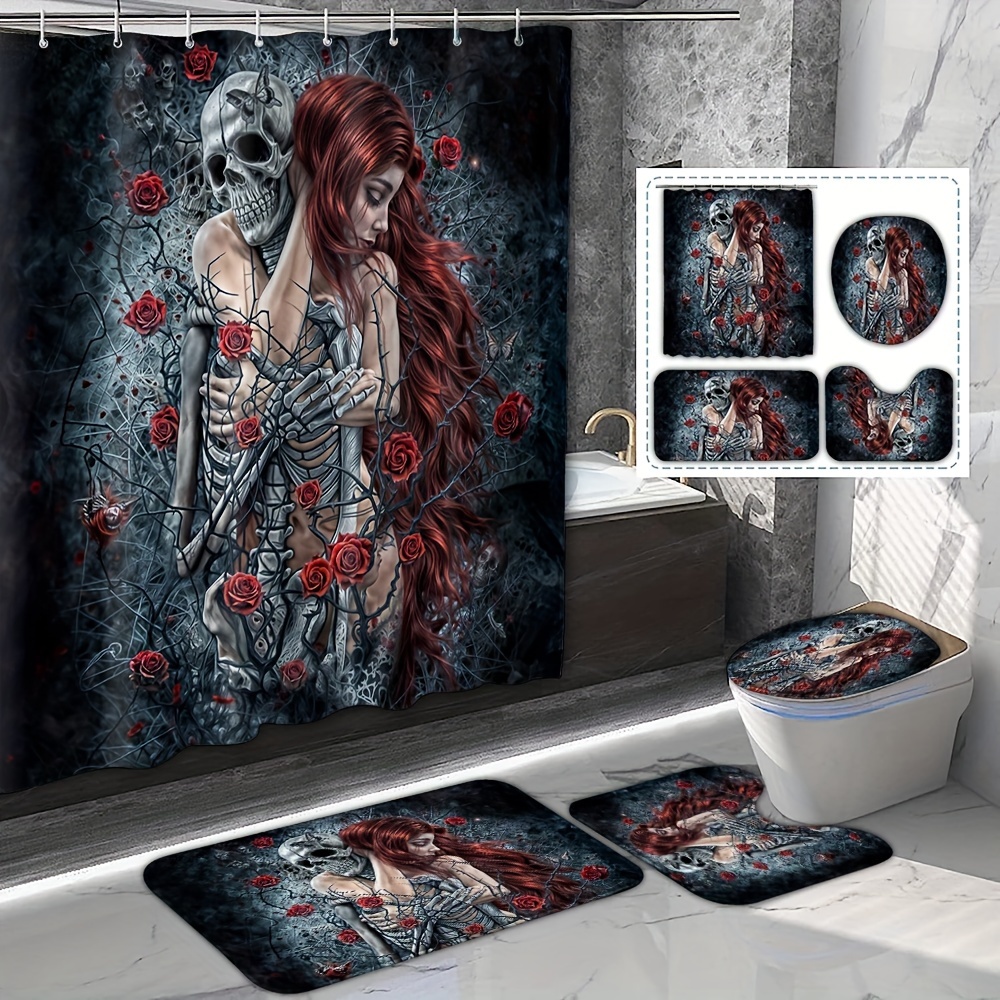 

Gothic Rose And Skeleton Bath Set: Includes 180cm/71inch Shower Curtain, 3 Bath Mats, U-shaped Mat, And Toilet Seat Cover With 12 Hooks - Perfect For A Dark And Romantic Bathroom Decor