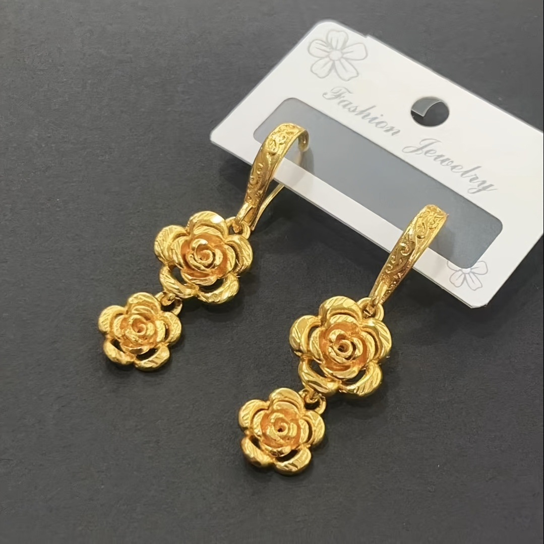 TEMU Boucles d'oreilles pendantes élégantes à double couche, plaquées or 24 carats, avec fleur, boucles d'oreilles de luxe en cuivre pour femmes,