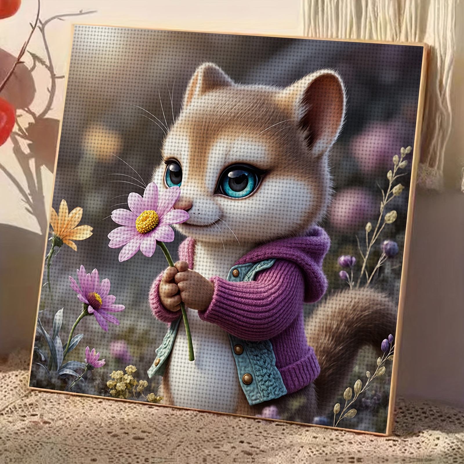 11CT/14CT Printed Cross-Stitch Kit, Cute Animals Holding Flowers