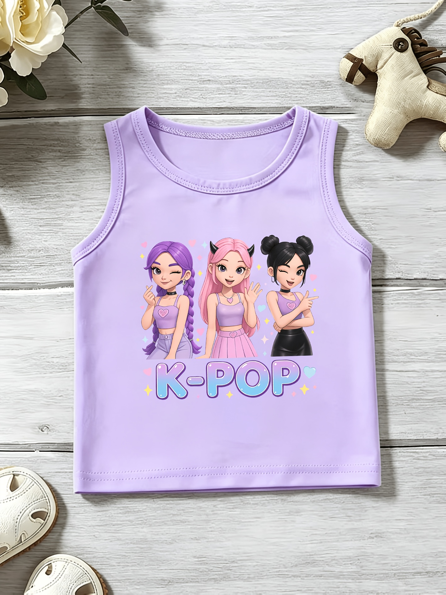 a k   cartoon style cool girl group print design girls round neck vest casual fashion top