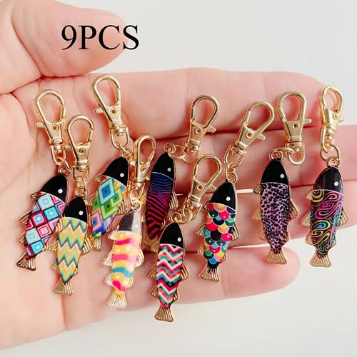 9pcs cartoon fish keychain set cute alloy metal animal key rings with lobster clasp ideal birthday gift for women and s multi functional bag charm decor