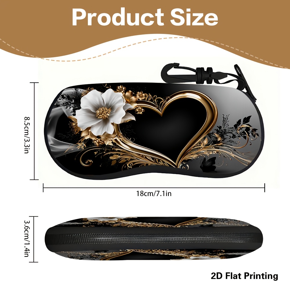 TEMU Étui à lunettes 2D plat - 1pc Étui à lunettes 2D plat avec motif floral élégant de cœur, convient à différents types et tailles de lunettes,
