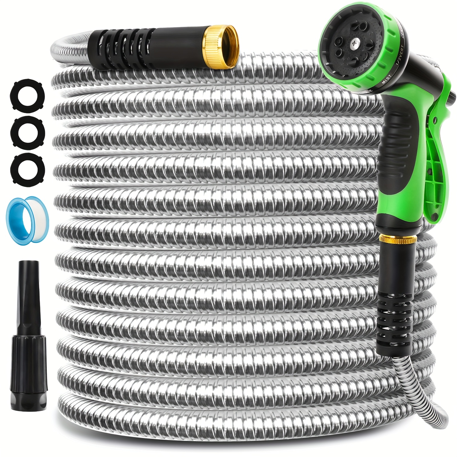 50 100 feet garden stainless steel water hose with three fittings sprinklers with nozzles stainless steel water hose with 10 functional nozzles flexible durable kink free puncture resistant metal water hose for patio and outdoor use