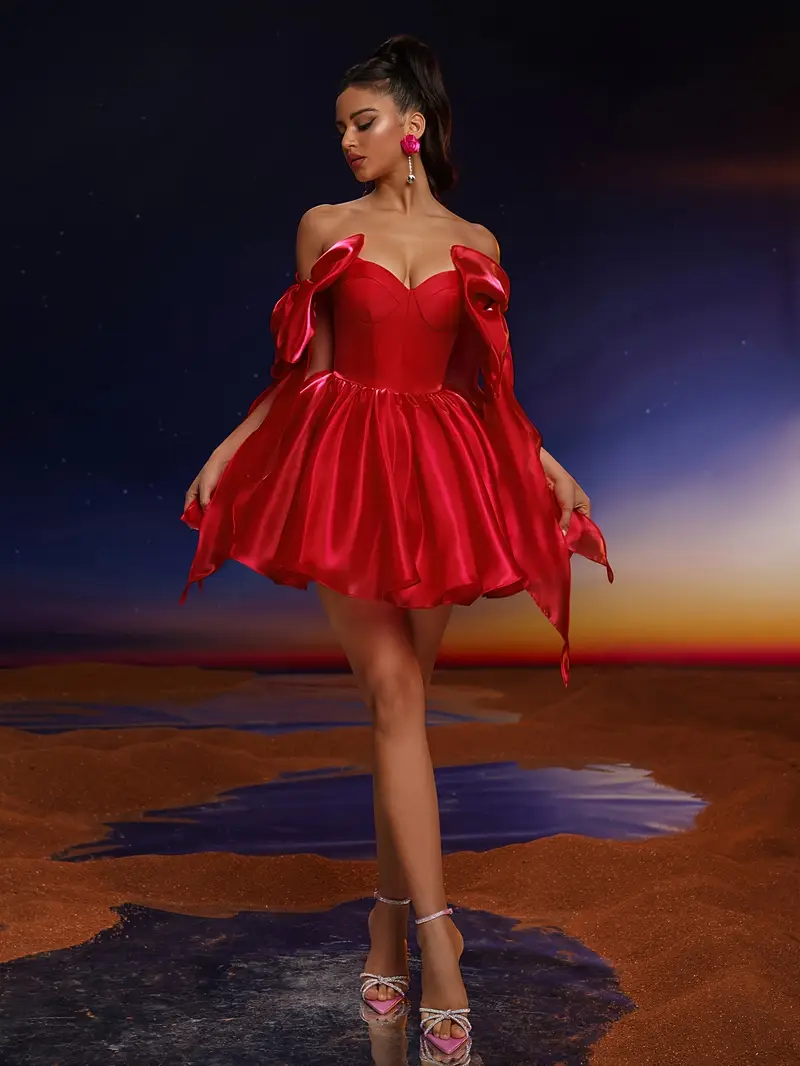 elegant shoulder ball gown dress bow detail form fitting - Temu Mauritius elegant shoulder ball gown dress bow detail form fitting - Temu Mauritius