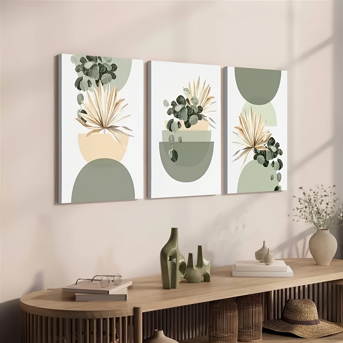 E-shop 3 Stück im Bohemian-Stil, salbeigrüne Kunst, mittelalterliche moderne Pflanzenwanddekoration, abstrakte minimalistische Gemälde,
