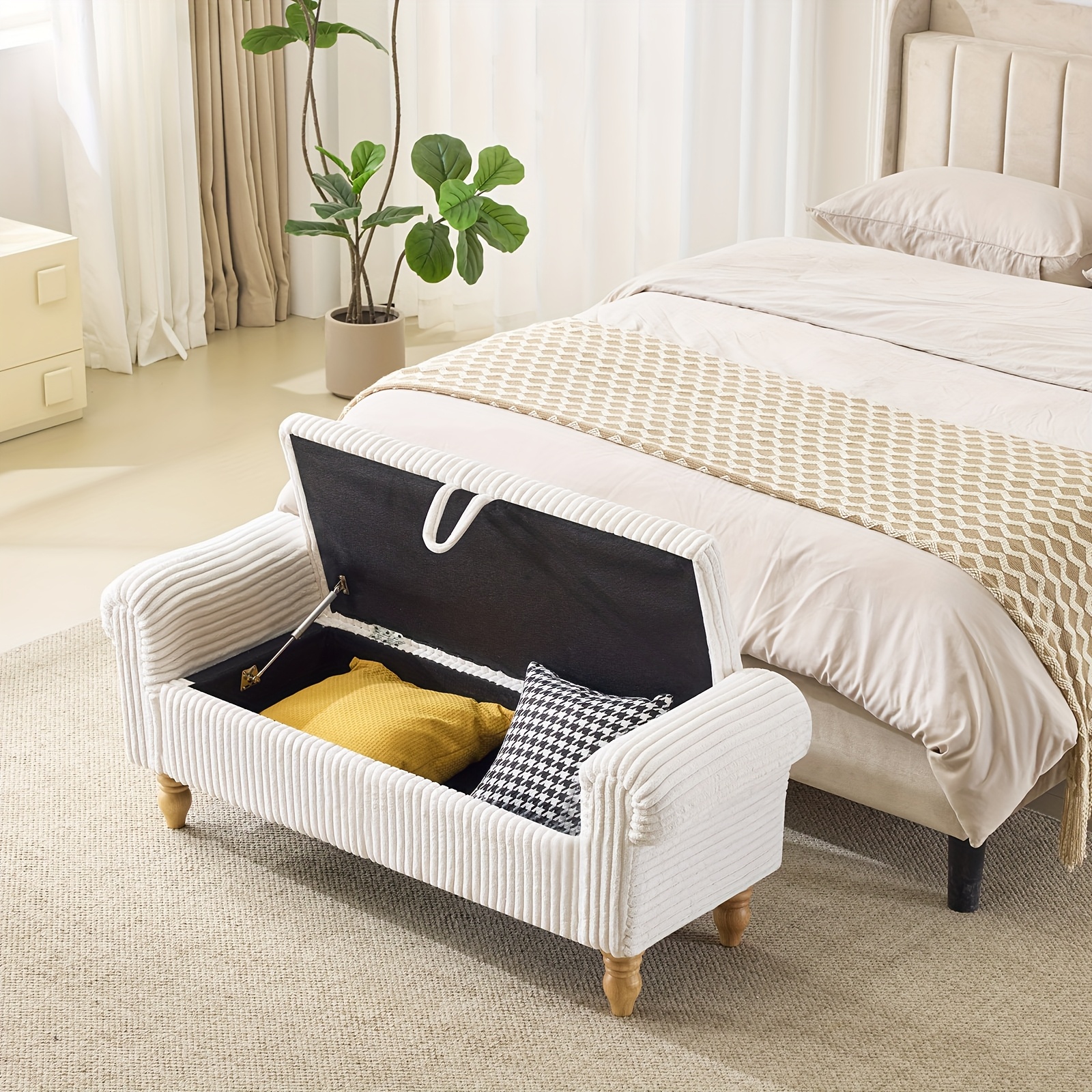 ATOMHAUS Upholstered Storage Bench for Bedroom End Of Bed Rolled Armed Corduroy Linen Fabric Ottoman Couch Long Bench Window Sitting Fireplace Toy Storage Bench Living Room Furniture
