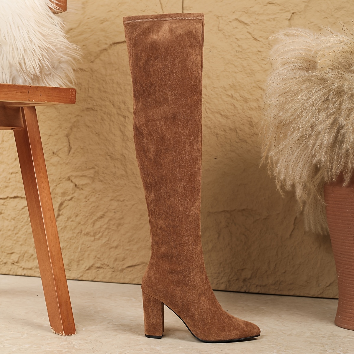 Autumn/ Chunky Heel Over-the-knee Boots For Women, Riding Boots With Elastic Slim Fit Design, High Heel Long Boots In Brown, Trendy Women's Boots