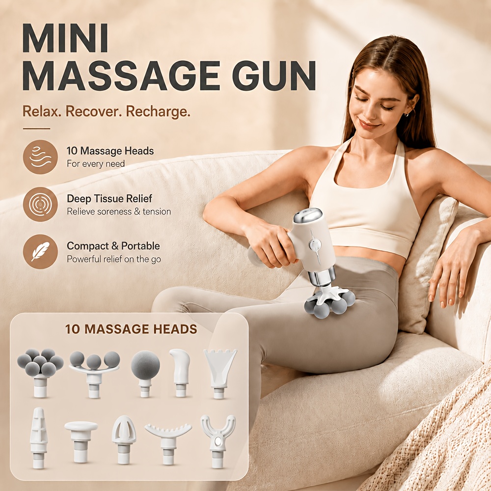 7-Head Rechargeable Massager Gun/10 Interchangeable Heads & USB/Quiet Portable Muscle Massager/Full Body, Ergonomic Back Massager/Travel, Gym, Athletes/Ideal Gift for Muscle