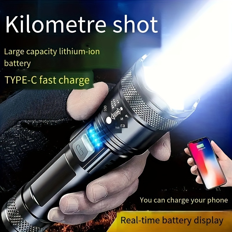 

1pc Ultra Powerful Xhp50 Led Flashlight, Built-in Battery Rechargeable Torch Light, Light Camping Lantern