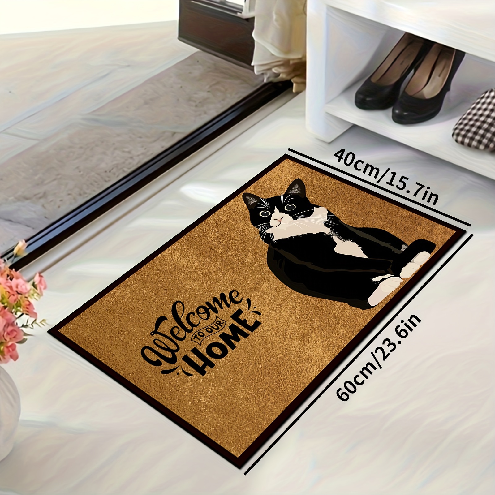 TEMU 1pc Black White Cat Pattern Entryway Welcome Carpet, Comfortable Foot Feeling, Polyester Fabric, Washable And Easy To Clean