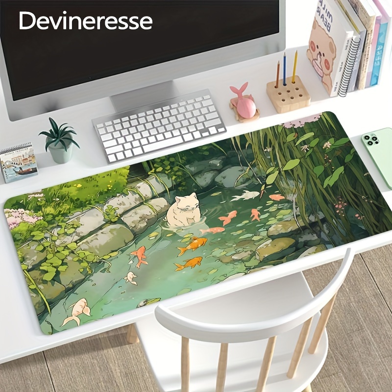 

Devineresse Cute Anime Mouse Pad: Cat And Fish Large Desk Mat, Office Desk Accessories With Stitched Edge, Non-slip Xl Mousepad Rubber Base, 35.4x15.7 Inch For Home Office, Gift For Friend Women