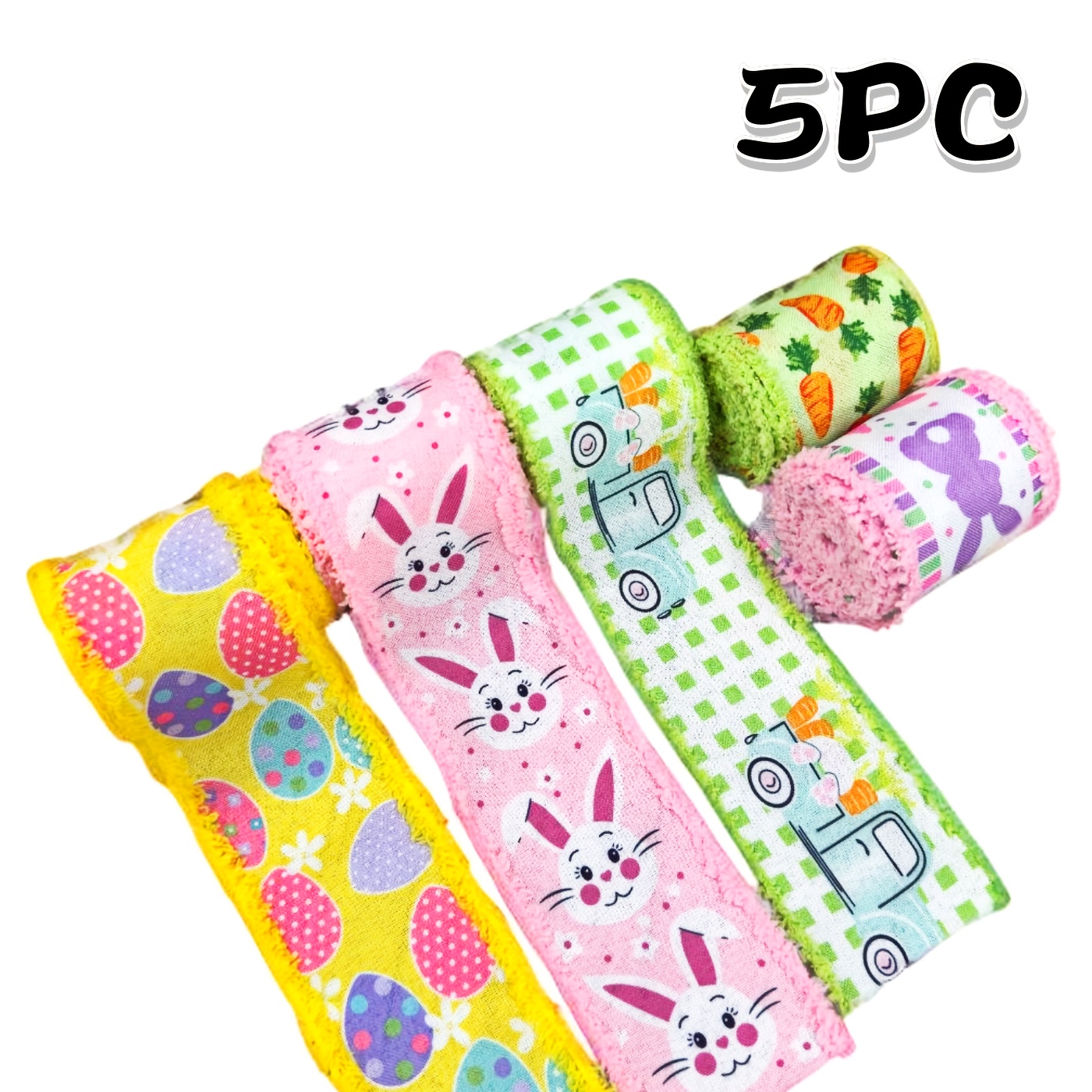 

5pcs Easter Ribbon Set - 2.5" Wide, With Bunny, Eggs & Designs, Pastels For Gift Wrapping, Hair Accessories & Crafting, Ribbon, Easter, Gift Wrapping, Sewing Crafts