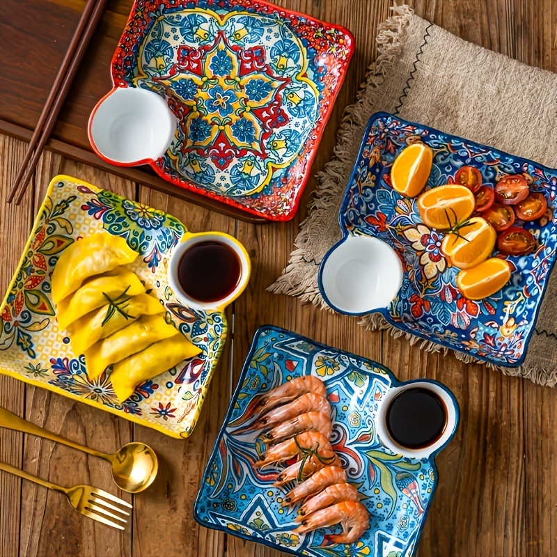 

Bohemian Style 4-piece Ceramic Serving Plates Set: Rectangular Dishes With Built-in Dipping Sauce Cups - Perfect For Dumplings, Fruits, Or Breakfast - High-quality, Handcrafted Kitchenware
