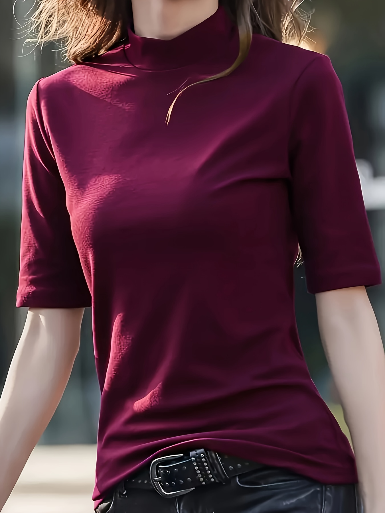 Women's Casual Stretch T-Shirt - Vibrant Green Solid Color, Stand-Up Collar, High Elasticity, Machine Washable, All-Season Comfort Fit, Cute T Shirts, Versatile Clothing, Pearl Necklace Accent
