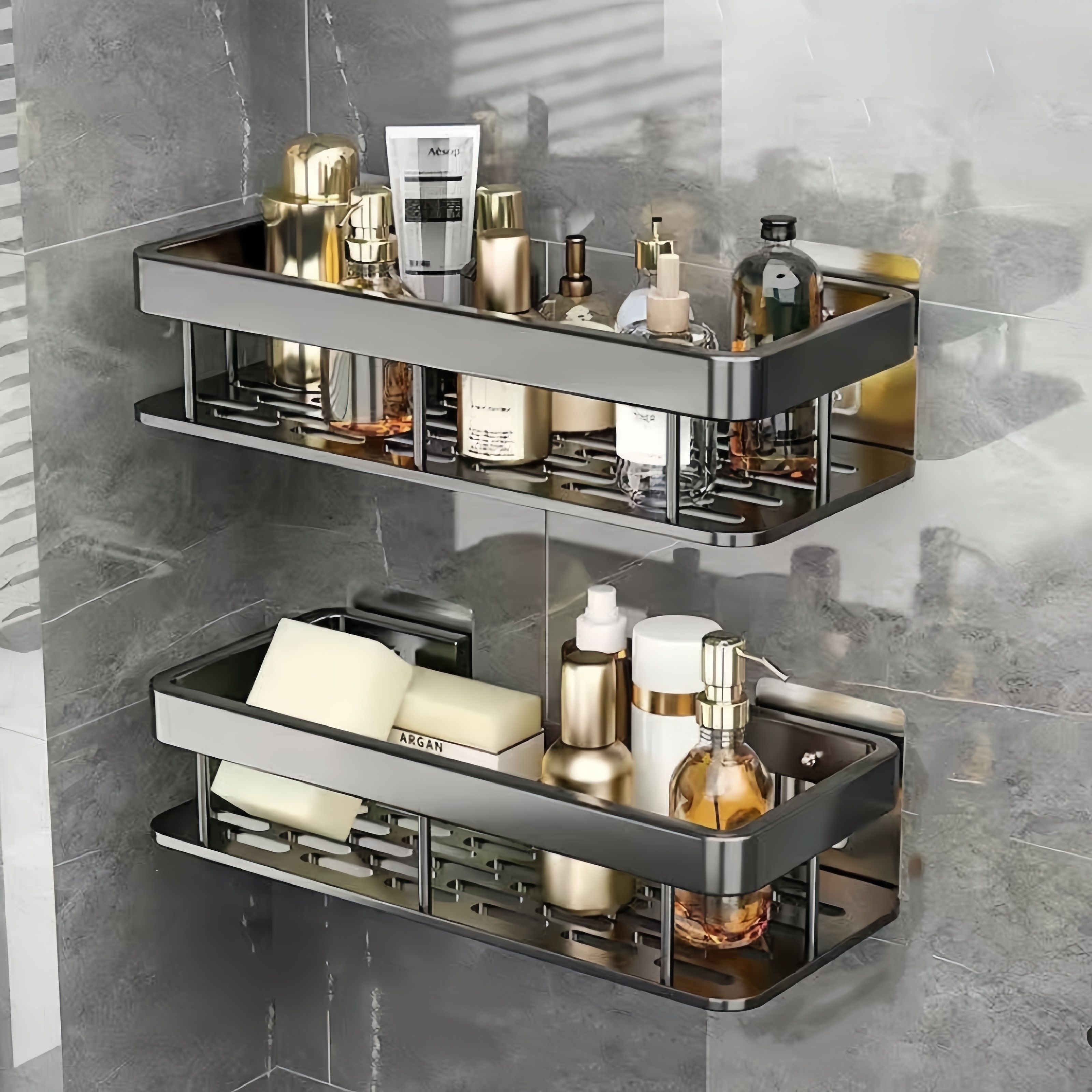 

Stainless Steel 2-tier Shower Caddy, Wall Mounted Bathroom Organizer, Polished , Rust Resistant, With Shampoo And Conditioner Holder Shelf For Bathroom Organization