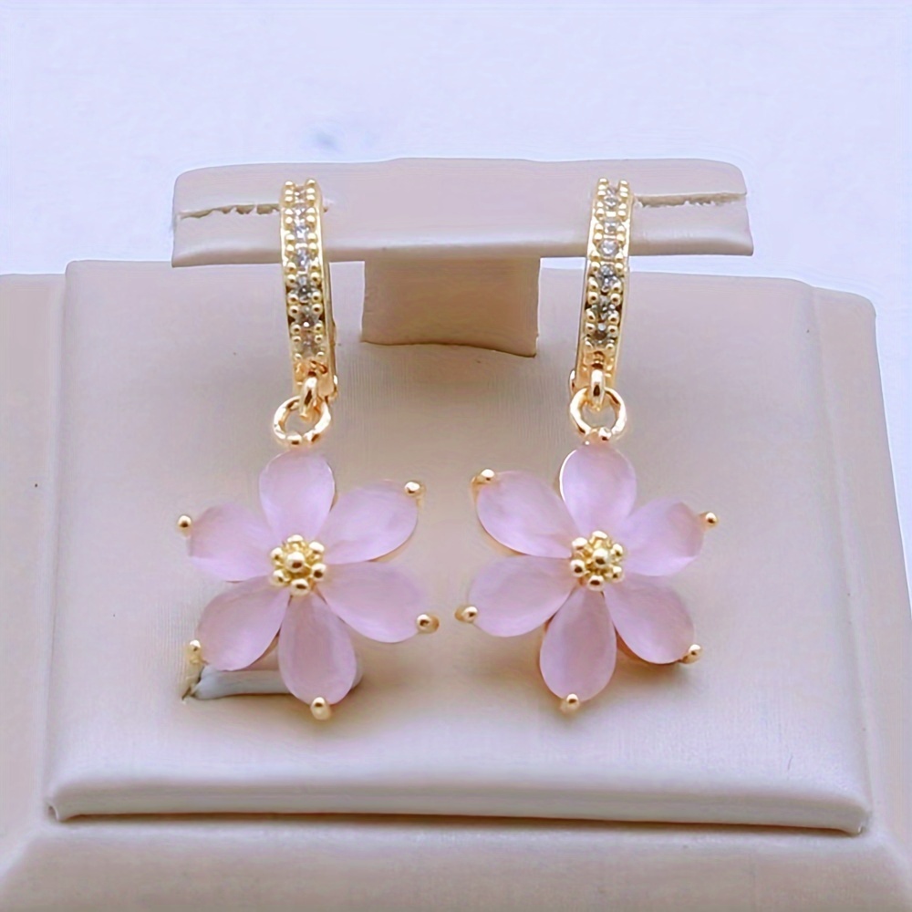 

Charming Pink Flower Dangle Earrings - Mkopsz - Synthetic Zirconia - 14k Golden Plated - Perfect For Everyday Wear And Gift Giving