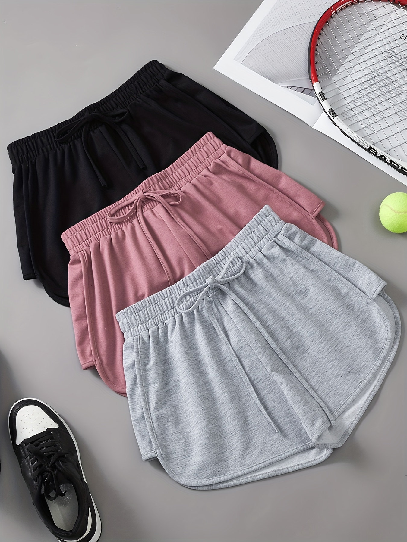 3 pieces set solid drawstring running shorts elastic waist casual dolphin shorts womens clothing details 3