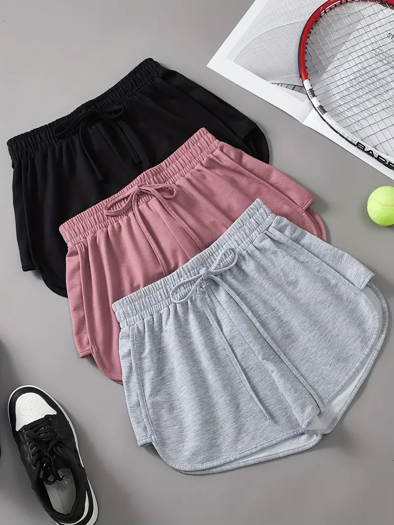 3 pieces set solid drawstring running shorts elastic waist casual dolphin shorts womens clothing details 3