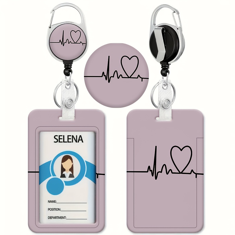 TEMU Easy Line Ecg Heart Love Gray Printed Pattern Id Holder For Bus, Case With Retractable Id Clip - Badge Holder - Suitable For Office, School,