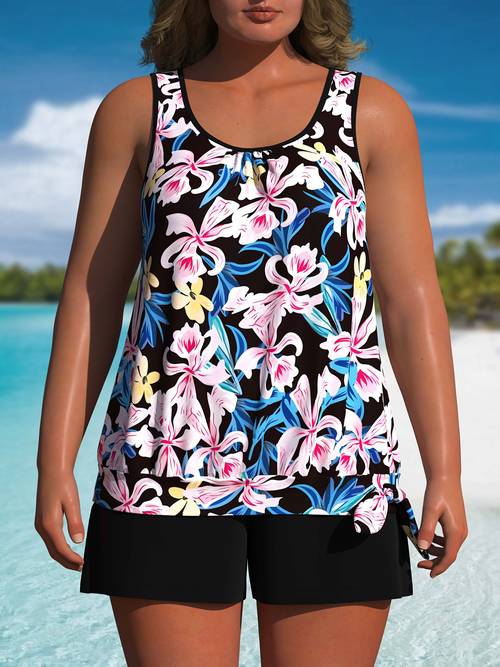 womens plus size swimsuit 2pcs set ini coconut tree or leaf print graphic round neck top plain womens swimwear clothing