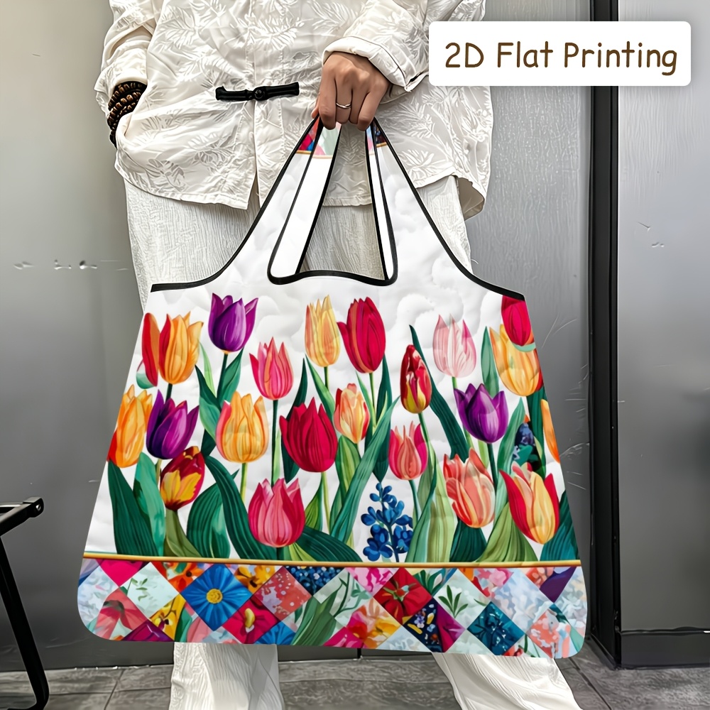 TEMU 2d Flat Printing, 1pc Foldable Tote Bag, Colorful Tulip Wall Art Quilted Printed Tote Bag, Soft-shouldered, Hand-held, Reusable, Durable,