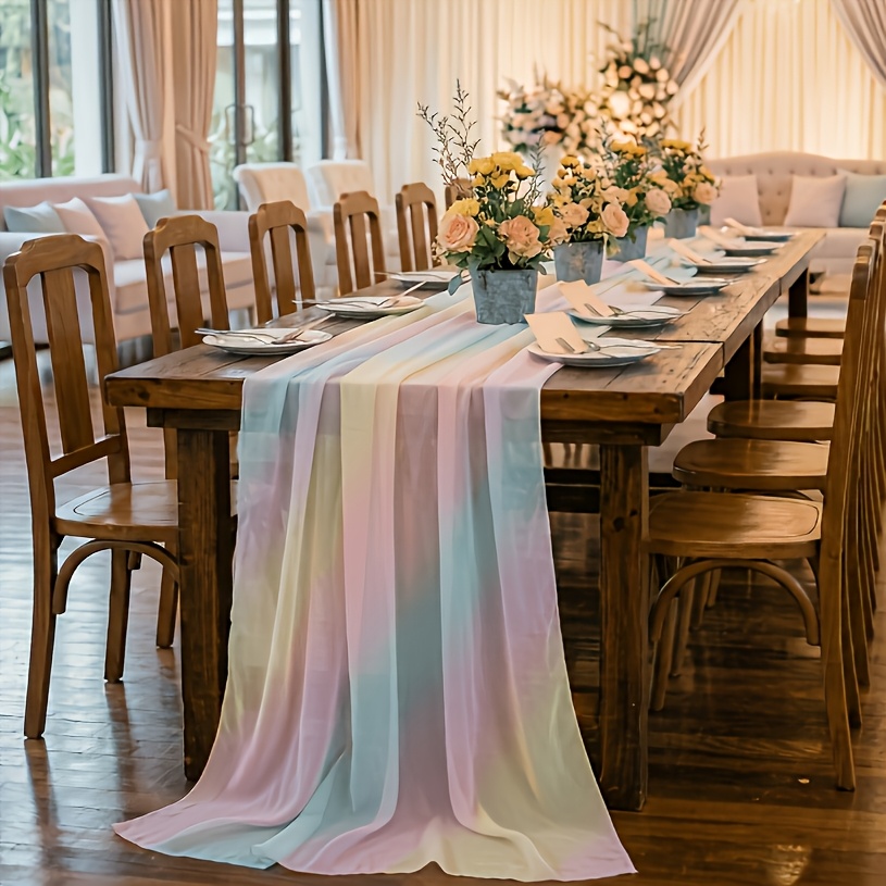 Image of 1pc Multicolor Gradient Table Runner Suitable For Weddings, Birthdays & Parties - Ombre Striped Table Decor With Color-coded Spliced, Rectangular Dining Table, For Day