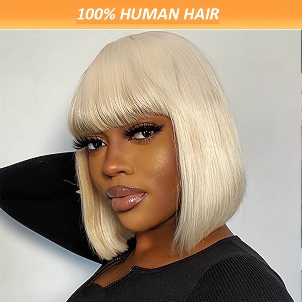 

Chic 613 Blonde Short Bob Wig With Bangs - 100% Brazilian Remy Human Hair, Glueless & No Lace, 8-14 Inch, 150% Density