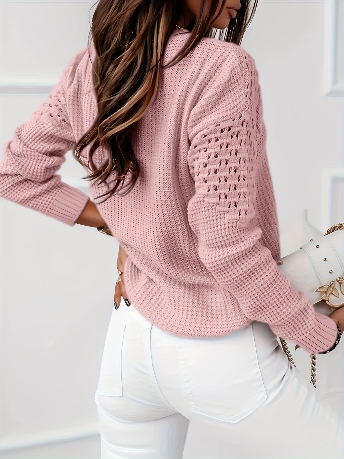 women's elegant solid color sweater long sleeve round neck Temu