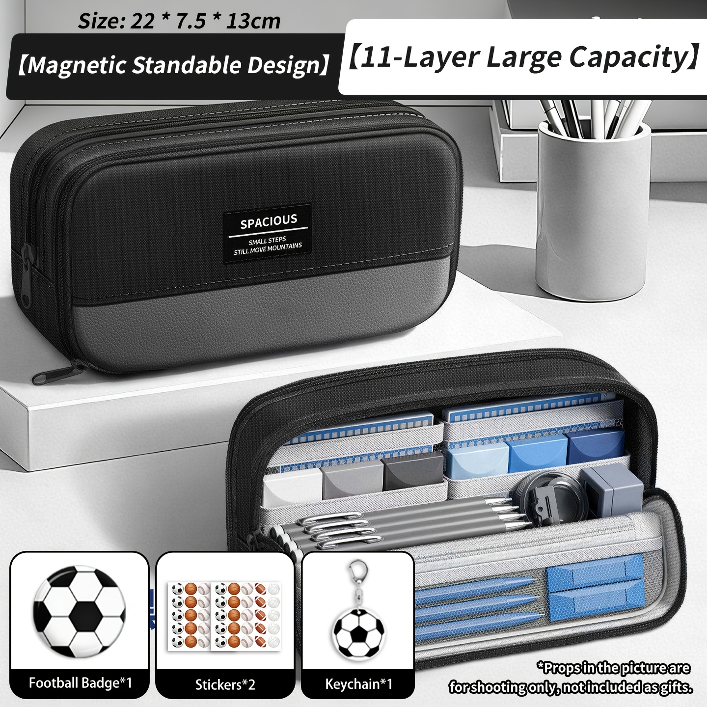 TEMU Stylish Magnetic Pencil Case - Available In Blue/black/gray/beige, 11-layer Compartmentalized Storage For Pens And Erasers. A Simple,
