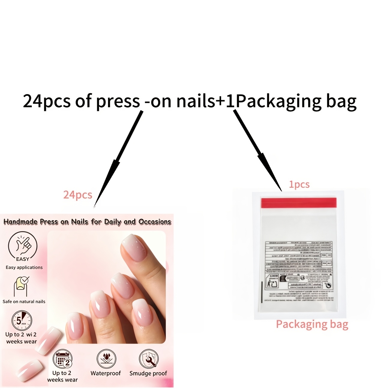 TEMU 24-teiliges Set Glitzer-Nagelaufkleber in Rosa-Farbverlauf – Kurze, eckige Kunstnägel für Damen, Valentinstag-Maniküre mit französischem