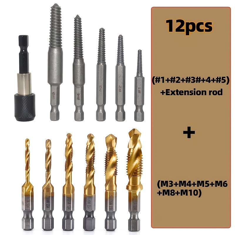 12pcs -coated Drill Bit & Tap Set, M3-m10 Metric Sizes With 1/4" Hex Shank - Steel, Includes Screw Extractor Kit For Efficient Drilling & Tapping