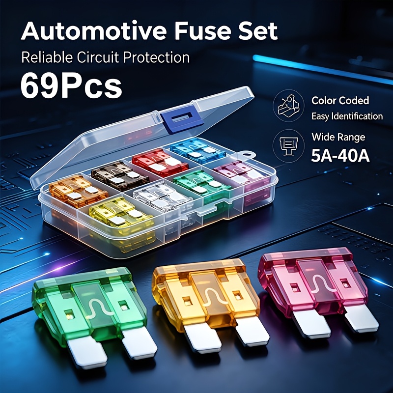 TEMU 69pcs Automotive Blade Fuse Assortment Kit, 5a-40a Color-coded Car Truck Rv Boat Fuses, Clear Storage Circuit Protection Replacement Fuses