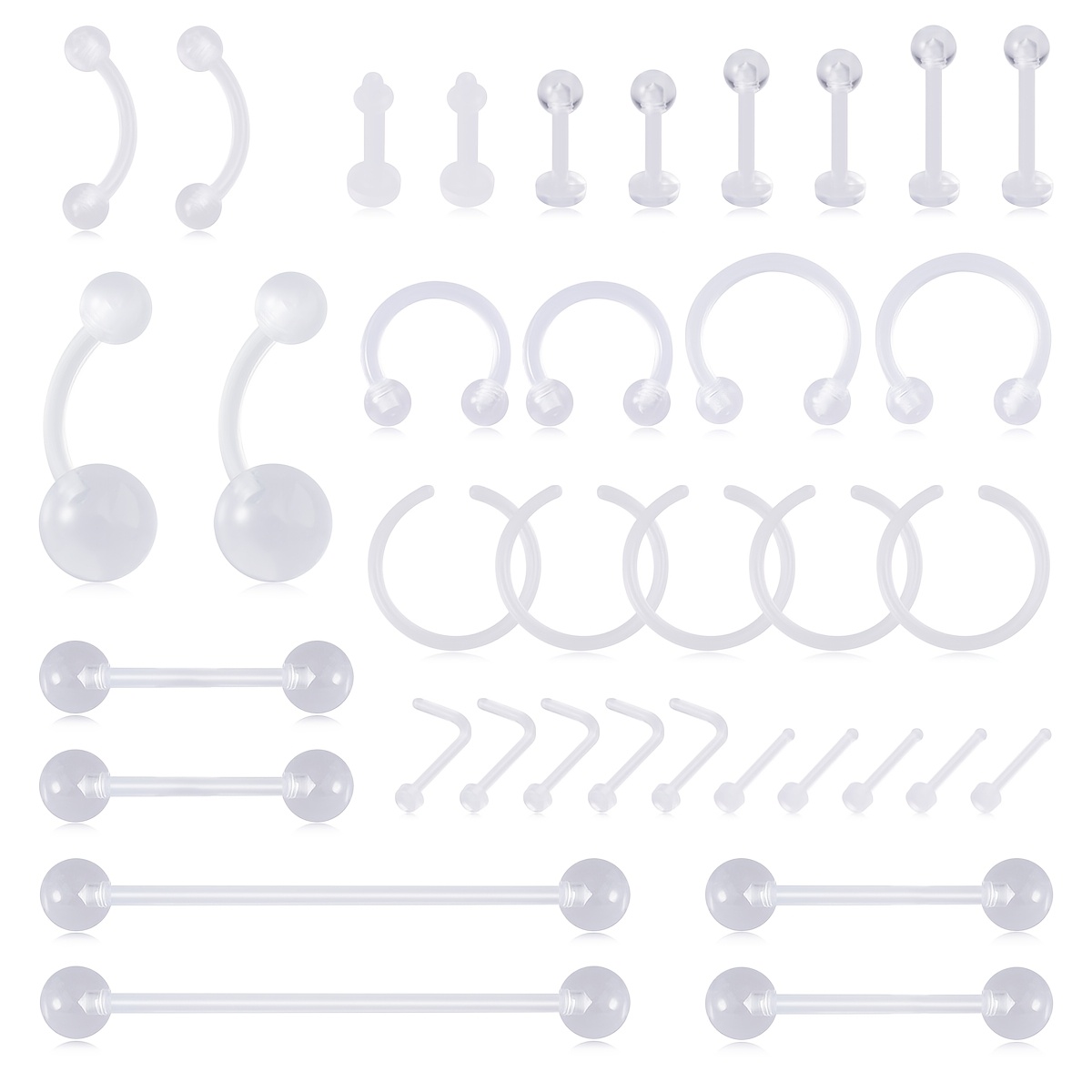 Image of 37pcs Anti-allergy Acrylic Body Piercing Set - Ear Studs, Lip Studs, Nose Ring, Nose Ring Studs, Eyebrow Studs, Tongue Studs, Industrial Barbells, Fashionable Body Accessories