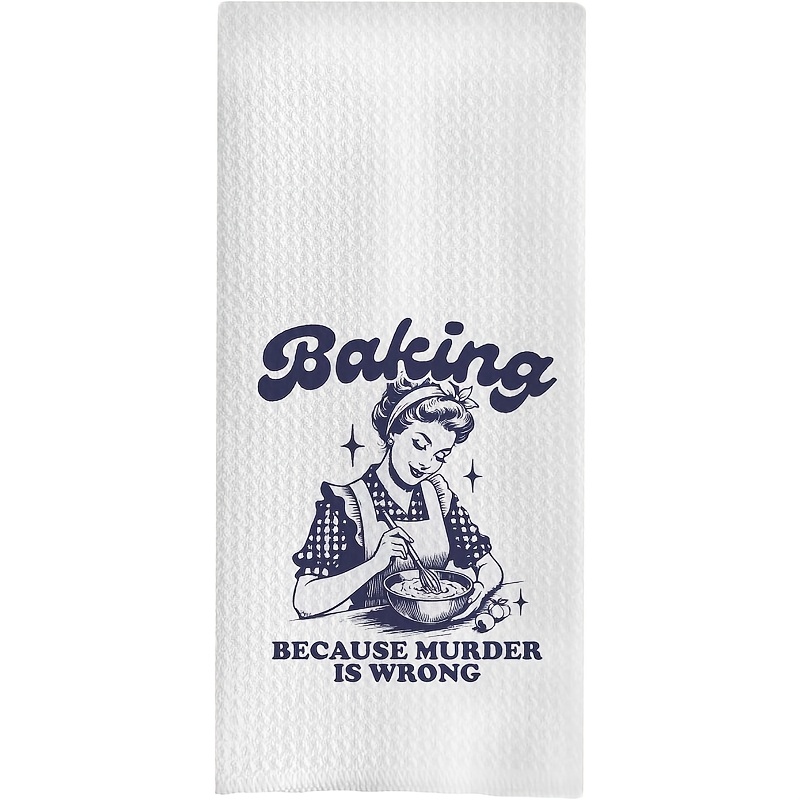 

1pc Vintage Style "baking Murder Is " Kitchen Towel - 100% Polyester, Super Soft, Machine Washable, Woven Decorative Tea Towel, Cartoon Themed, Oblong Shape, 18x26 Inches