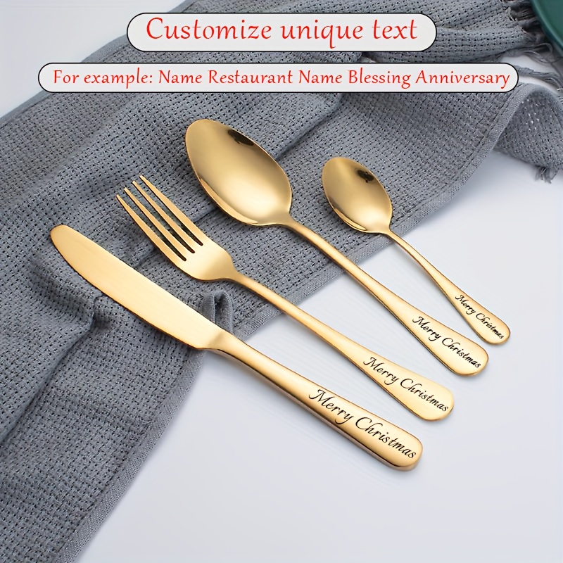4pcs customized unique stainless steel cutlery set knife fork and spoon set recording   wedding gift for   suitable for wedding wedding anniversary anniversary birthday holiday christmas gift golden Product details 4