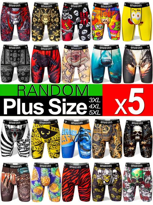5 size mens long boxer briefs assorted cartoon animal prints moisture wicking polyester knit fabric medium stretch fit underwear for running work out