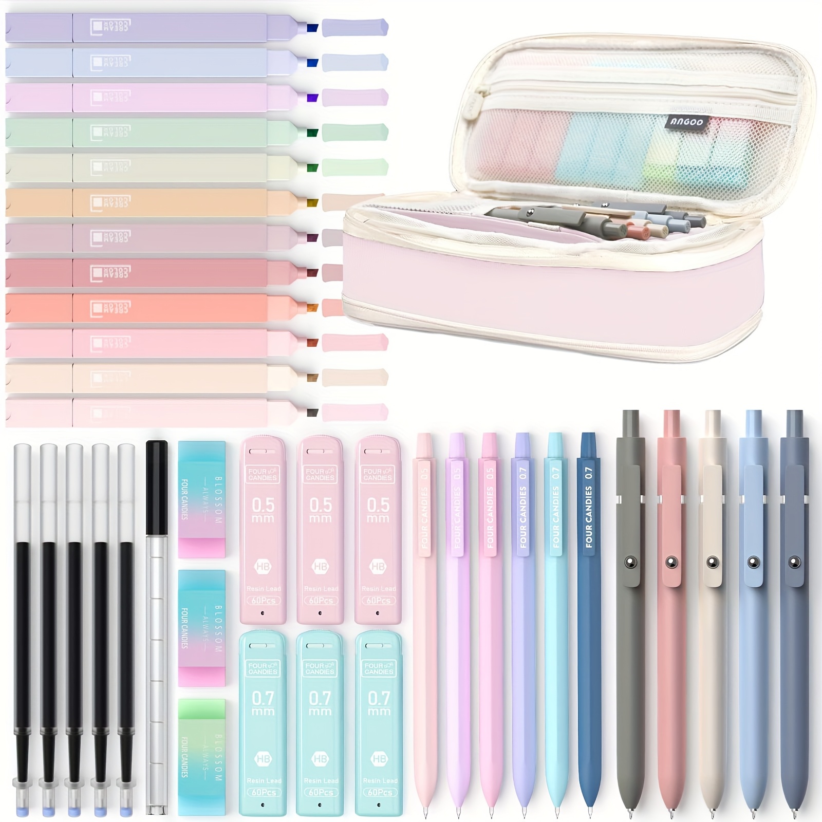 TEMU 4 Candies 39pcs Aesthetic School Supplies With Cute Pen Case, 12 Pastel Highlighters, 5 Black Ink Gel Pens, 6 Mechanical Pencils Set 0.5 & 0.7mm