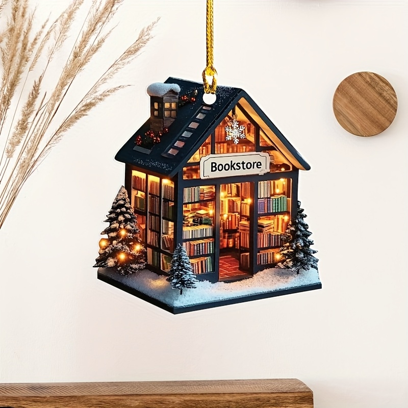 

Miniature Bookstore Christmas Ornament - Acrylic 2d Holiday Decoration With Warmly Lit Windows, Snowy Roof & Tree, Perfect Gift For , Ideal For Home And Kitchen Décor, Bookshelf Decorations