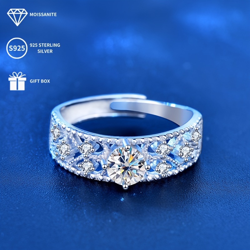 S925 Silver Moissanite Open Ring 0.5ct Solitaire with Accents