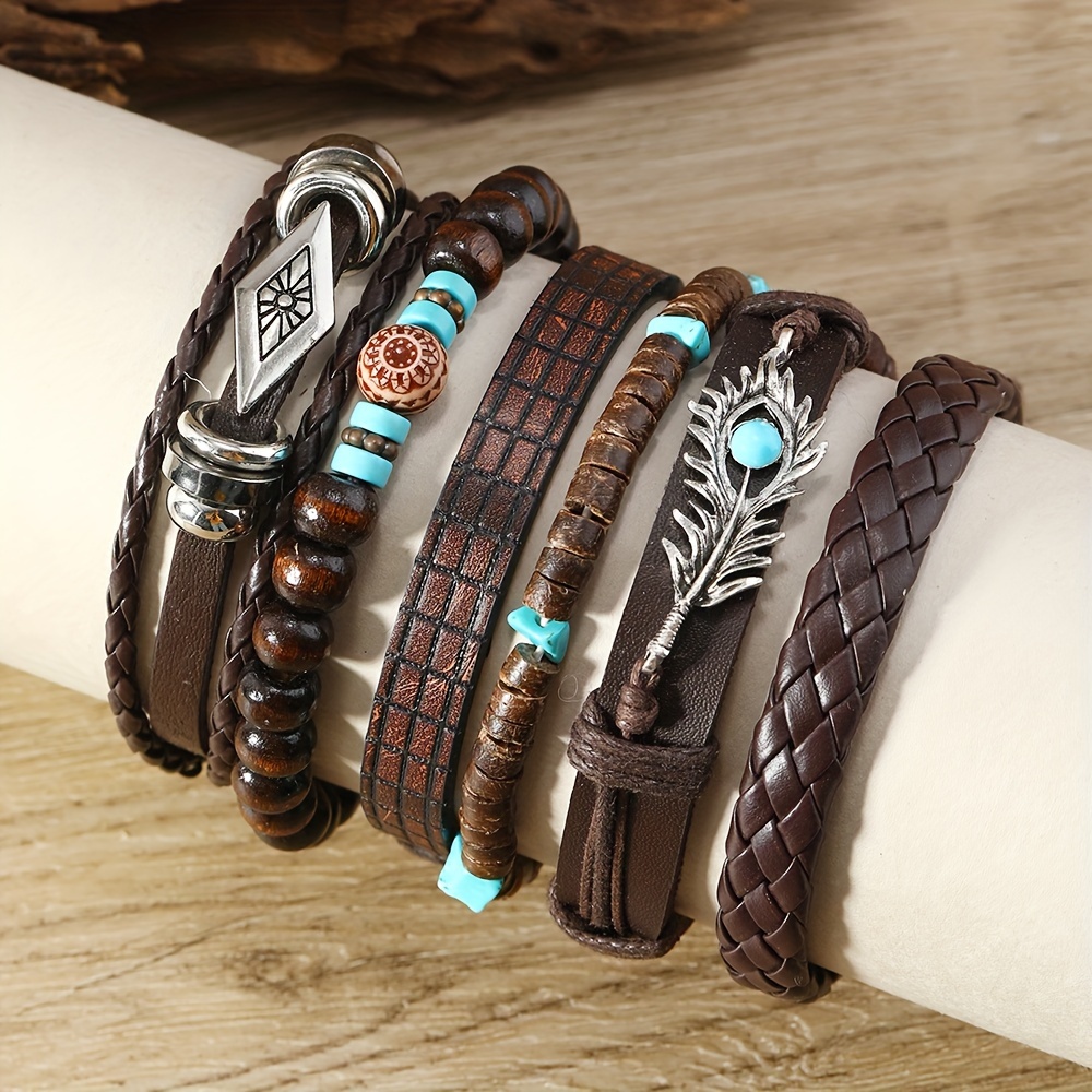 E-shop 6-teiliges Armband-Set aus handgewebten Armreifen im Vintage-Literaturstil mit Federn Perlen, ein Geschenk für Freunde
