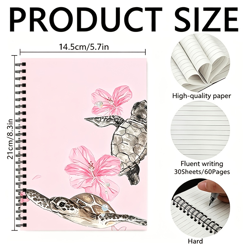 TEMU 1 Carnet à Spirale avec Tortues et Fleurs d'Hibiscus sur Pages Lignées, 30 Feuilles Totalisant 60 Pages, Carnet à Anneaux, Convient pour l'École