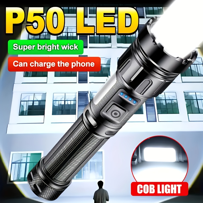 TEMU Led Rechargeable Flashlight, 3500 , Magnetic Flashlight On , With Cob Work Light, 3+4 Mode, Xhp50 Tactical Flashlight, Suitable For Camping Emergency, Hiking Lighting,