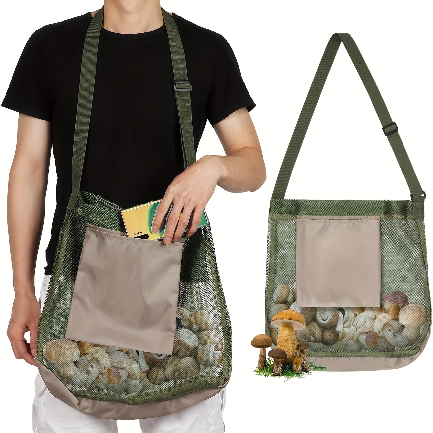 

1pc Foldable Mesh Foraging Bag For Mushroom & Fruit Picking – Large Capacity, Adjustable Strap, Multiple Pockets, Beige With Mushroom Print, Outdoor Harvesting & Wild Storage, Mushroom Bag