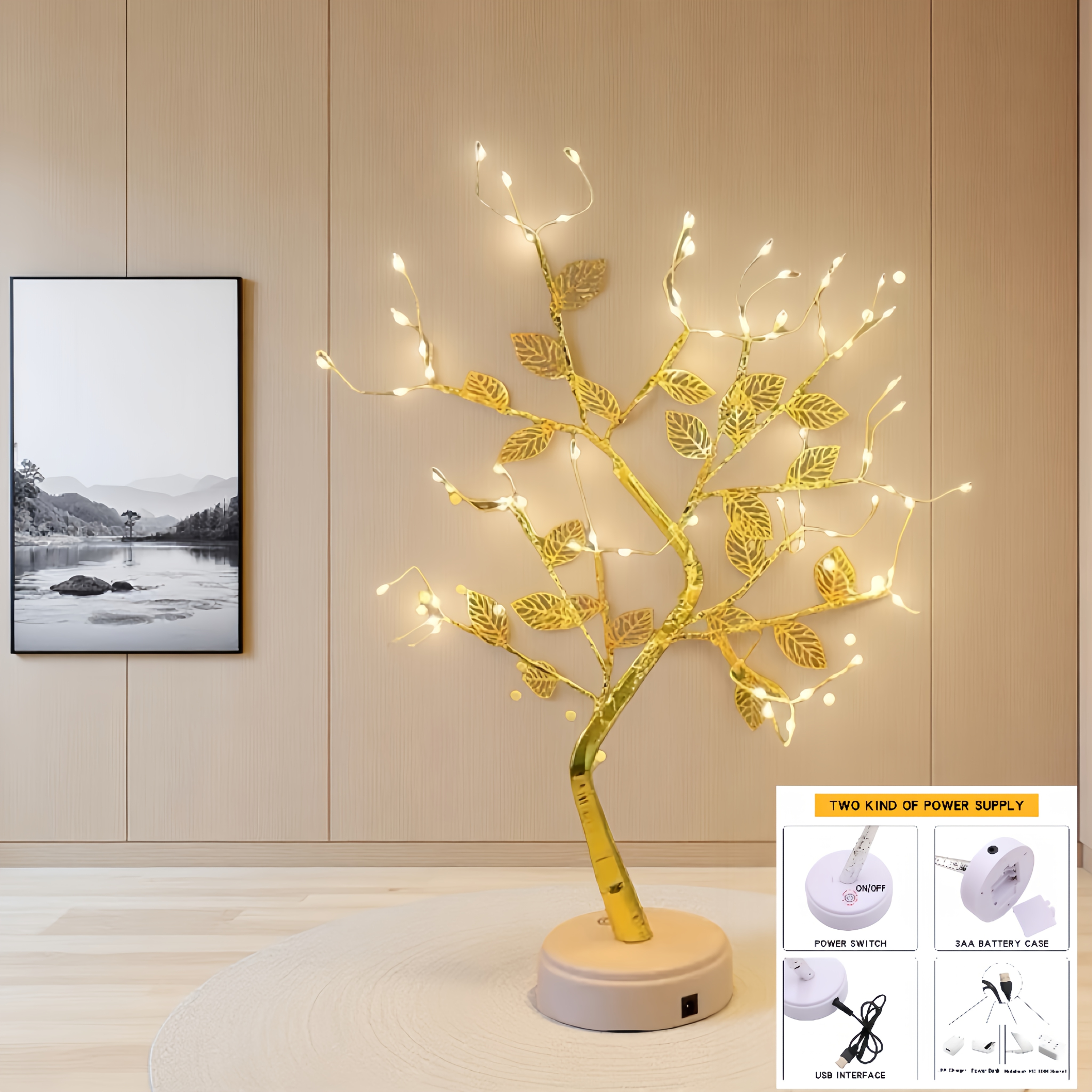 TEMU 72l Copper Wire Tree Light, 50.8cm Fairy Lamp With And Warm White Bulbs - Battery And Usb Powered, Modern Decor For Bedroom And Living Room,