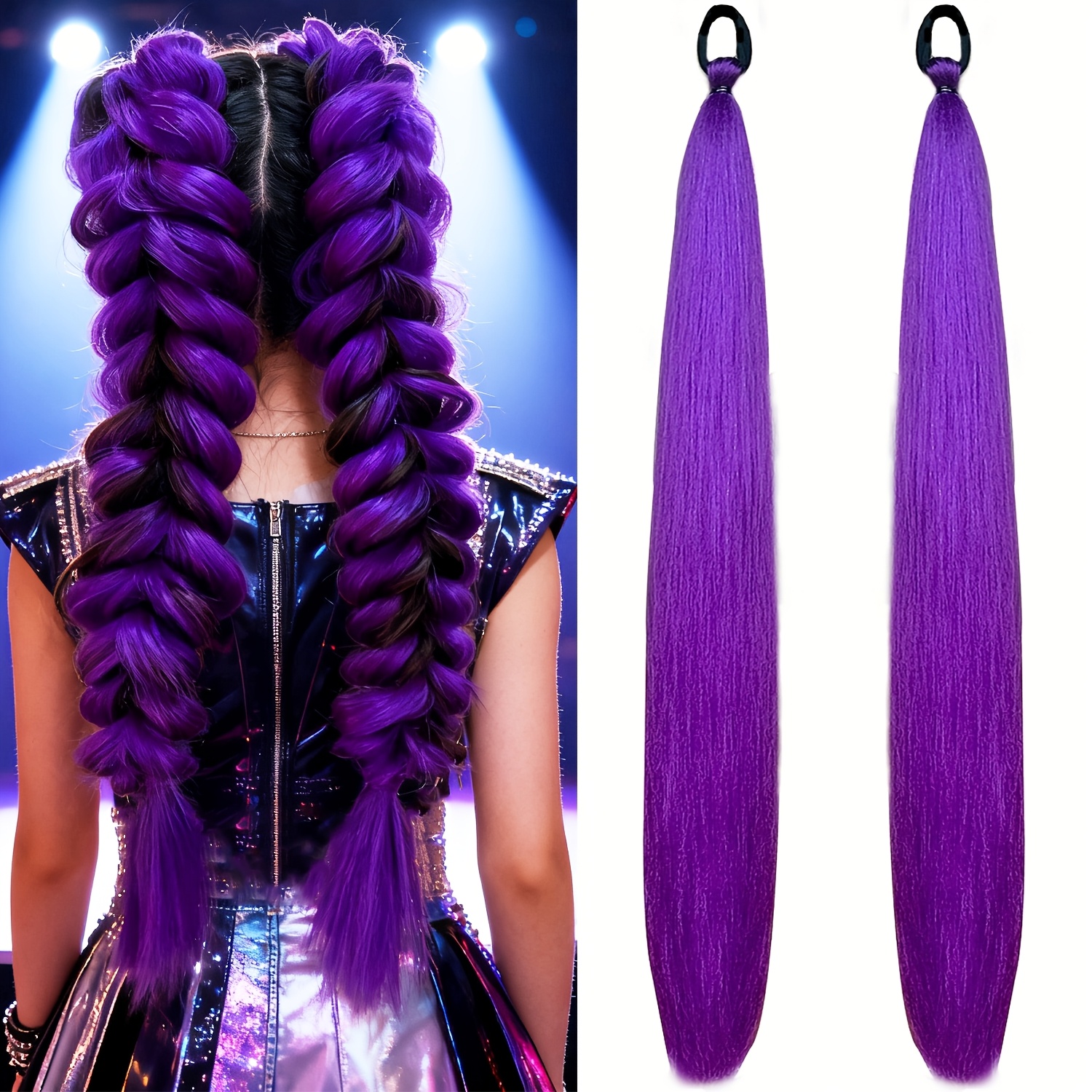 TEMU 2pes Synthetic Purple Long Straight Ponytail Hairpiece With Rubber Band Fluffy Deep Purple Ponytail Halloween Hair Additions For Women
