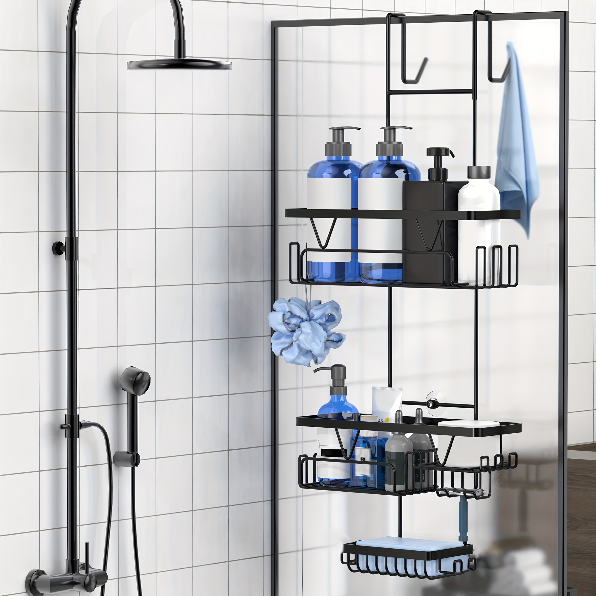 E-shop Edelstahl Duschregal 1er-Pack, Über-Glas-Tür-hängender Badezimmer-Organizer, Rostfreier Aufbewahrungsständer für Handtücher, Luffas, Rasierer,